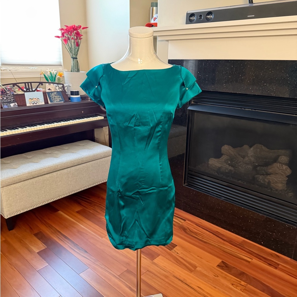 Guess by Marciano Teal Satin Cap-Sleeve Sheath Dress
